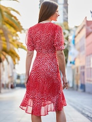 Sosandar Red Spot Print Ruffle Hem Wrap Dress - Image 2 of 5