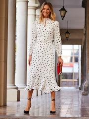 Sosandar White Petite Petite Spot Print Keyhole Detail Belted Fit & Flare Dress - Image 1 of 5