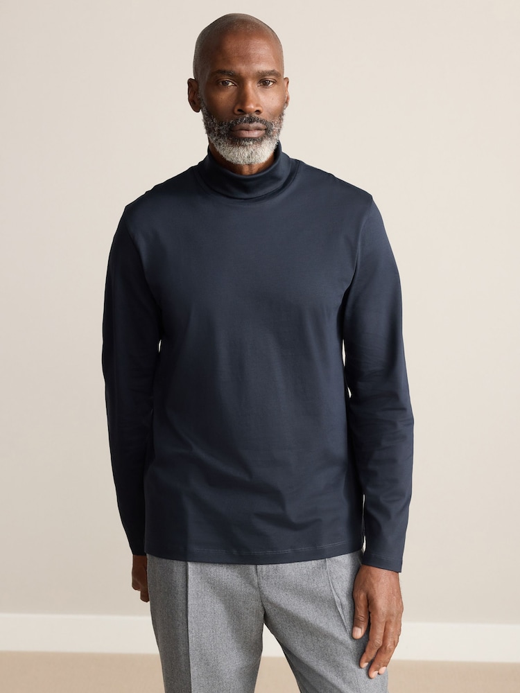 Navy Blue Signature SUPIMA® Cotton Long Sleeve Roll Neck T-Shirt - Image 1 of 9