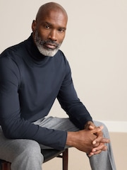 Navy Blue Signature SUPIMA® Cotton Long Sleeve Roll Neck T-Shirt - Image 4 of 9