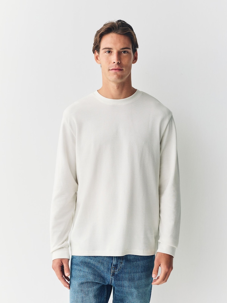 Ecru Micro Waffle Long Sleeve T-Shirt - Image 2 of 7 Ecru Micro Waffle Long Sleeve T-Shirt - Image 2 of 7