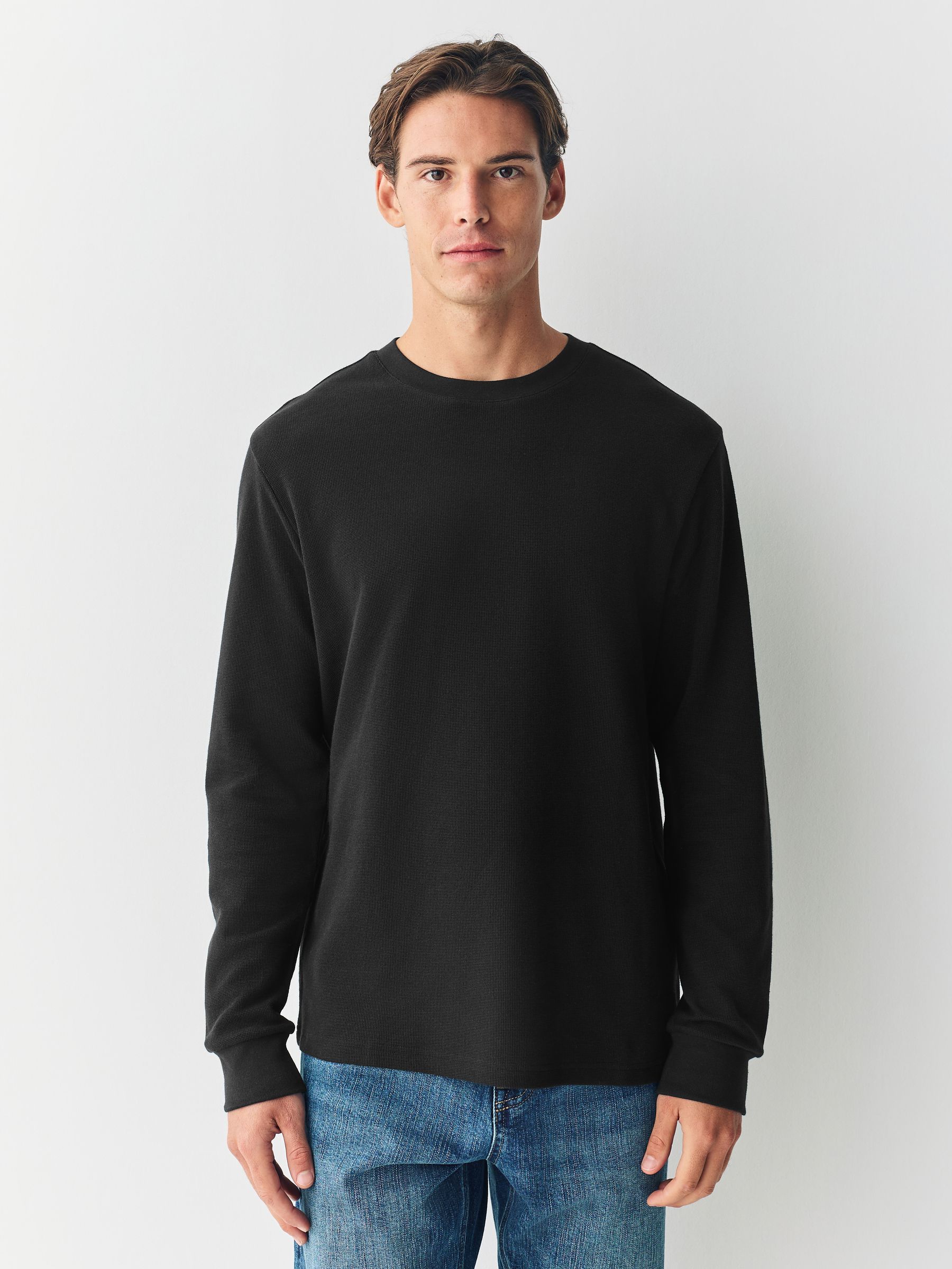 Buy Black Micro Waffle Long Sleeve T-Shirt from Next USA