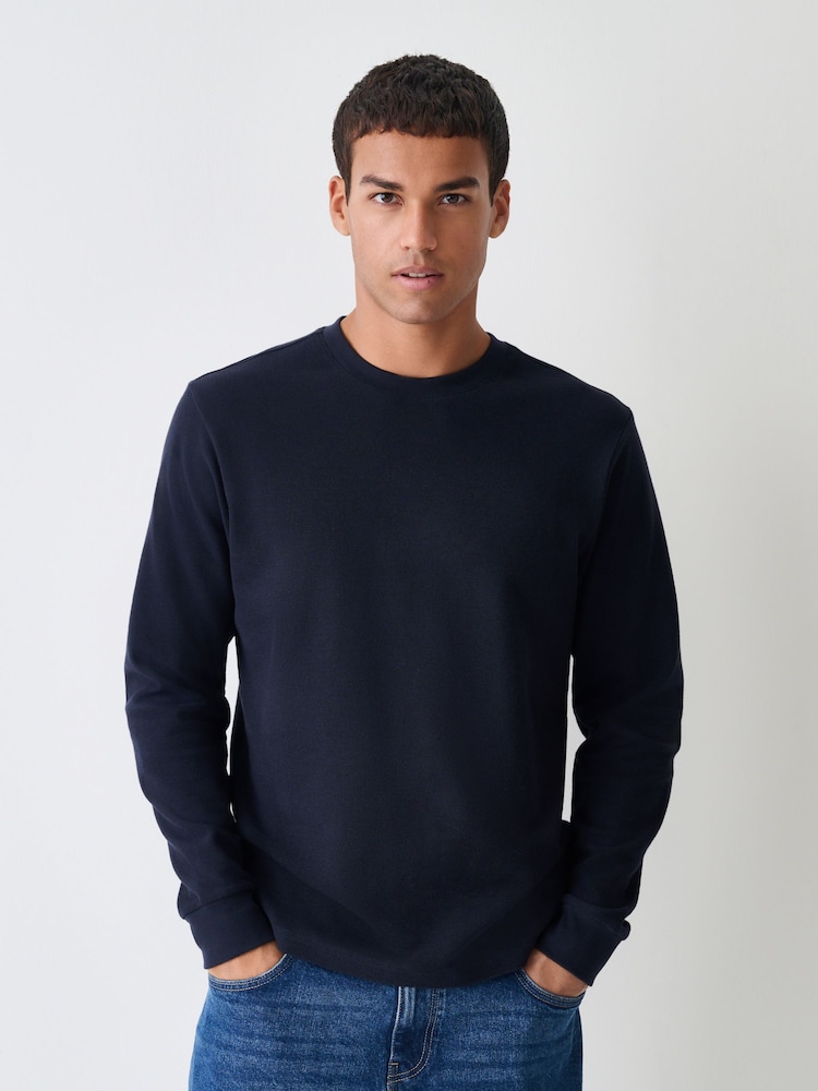 Navy Micro Waffle Long Sleeve T-Shirt - Image 1 of 7 Navy Micro Waffle Long Sleeve T-Shirt - Image 1 of 7