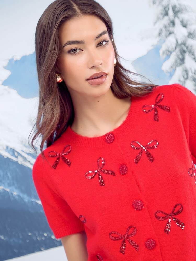 Lipsy Christmas Short Sleeve Buttoned Knitted Cardigan - Imagem 1 de 4