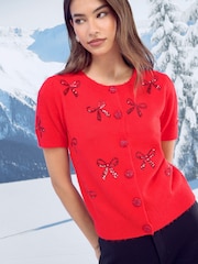 Lipsy Christmas Short Sleeve Buttoned Knitted Cardigan - Imagem 2 de 4