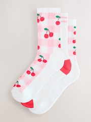 Pink Gingham Cherry Cushion Sole Ribbed Sport Arch Support Ankle Socks 3 Pack - Image 1 of 6