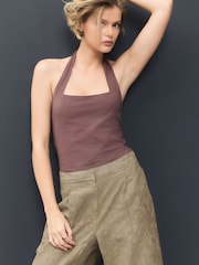 Mocha Brown Square Neck Halter Vest Top - Image 1 of 7