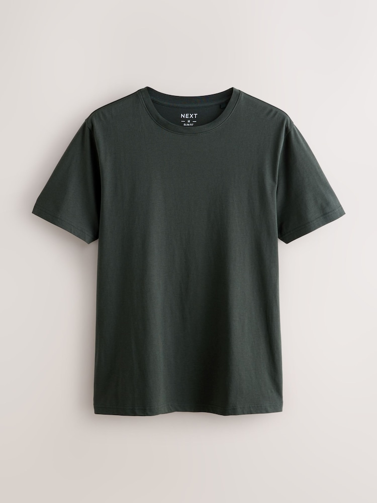 Green Dark Slim Fit Essential Crew Neck Cotton T-Shirt - Image 1 of 3 Green Dark Slim Fit Essential Crew Neck Cotton T-Shirt - Image 1 of 3