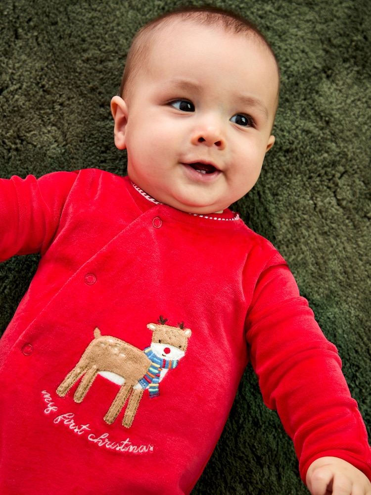 JoJo Maman Bébé Red Raindeer My First Christmas Velour All-In-One - Image 1 of 4 JoJo Maman Bébé Red Raindeer My First Christmas Velour All-In-One - Image 1 of 4