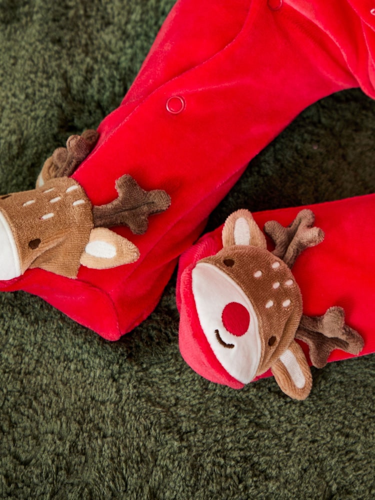 JoJo Maman Bébé Red Raindeer My First Christmas Velour All-In-One - Image 2 of 4 JoJo Maman Bébé Red Raindeer My First Christmas Velour All-In-One - Image 2 of 4