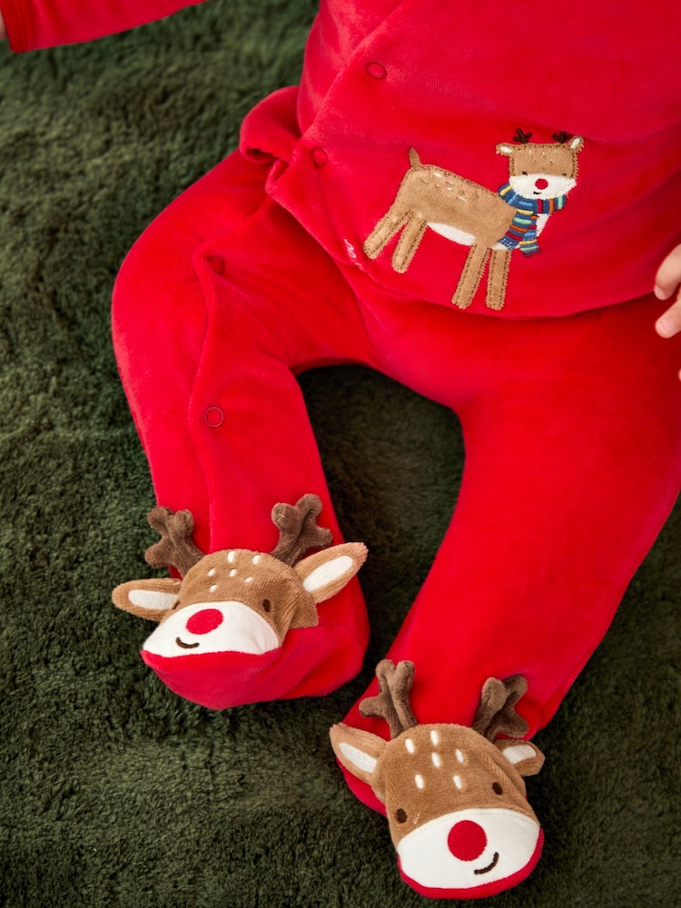 JoJo Maman Bébé Red Raindeer My First Christmas Velour All-In-One - Image 4 of 4 JoJo Maman Bébé Red Raindeer My First Christmas Velour All-In-One - Image 4 of 4