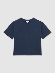 Reiss Washed Navy Tane 13-14 yrs Cotton Palm-Embroidery Oversize T-Shirt - Image 1 of 5