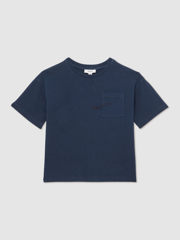 Reiss Washed Navy Tane 13-14 yrs Cotton Palm-Embroidery Oversize T-Shirt - Image 1 of 5