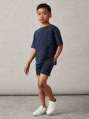 Reiss Washed Navy Perry Cotton Brand-Embroidered Shorts - Image 1 of 4