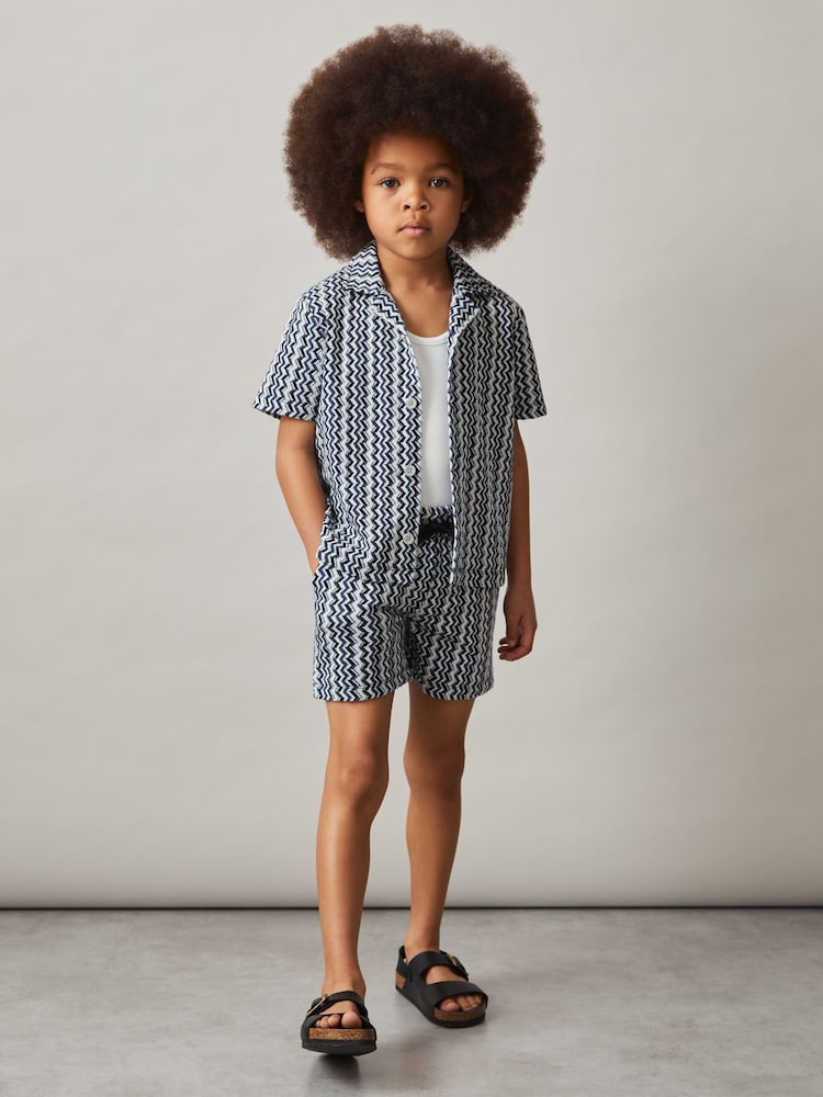Reiss Blue Vallatta 9-13 yrs Zig-Zag Knit Cuban-Collar Shirt - Image 1 of 4