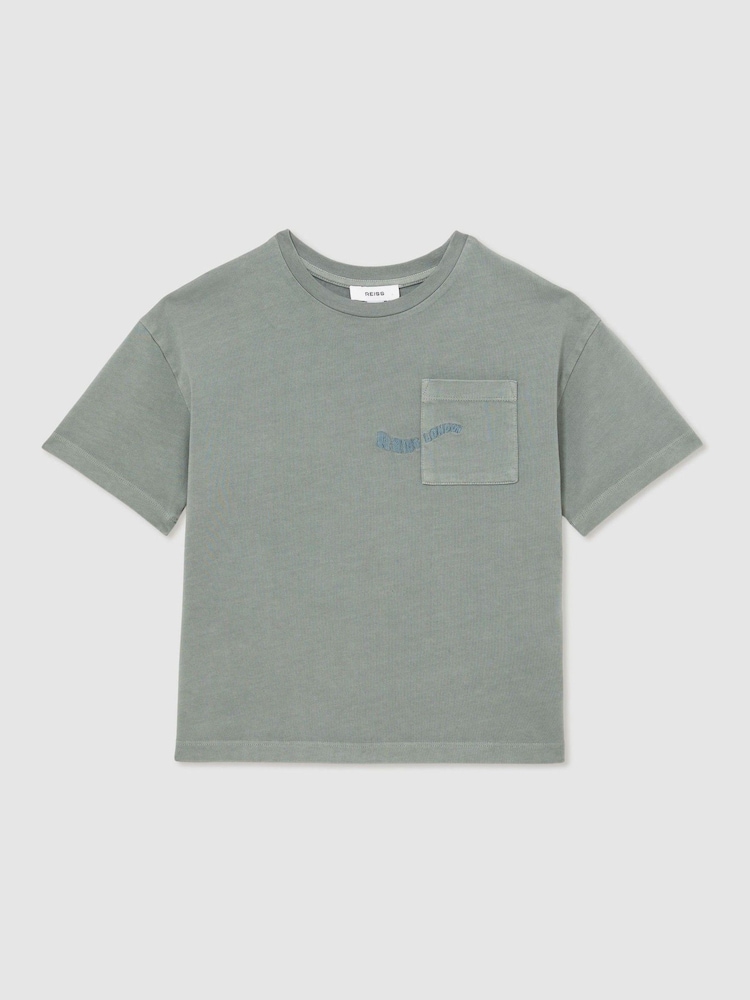 Reiss Washed Sage Tane Cotton Palm-Embroidery Oversize T-Shirt - Image 2 of 5