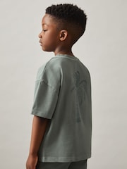 Reiss Washed Sage Tane Cotton Palm-Embroidery Oversize T-Shirt - Image 4 of 5