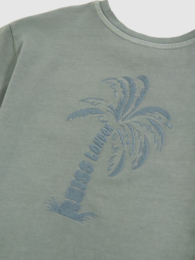 Reiss Washed Sage Tane Cotton Palm-Embroidery Oversize T-Shirt - Image 5 of 5