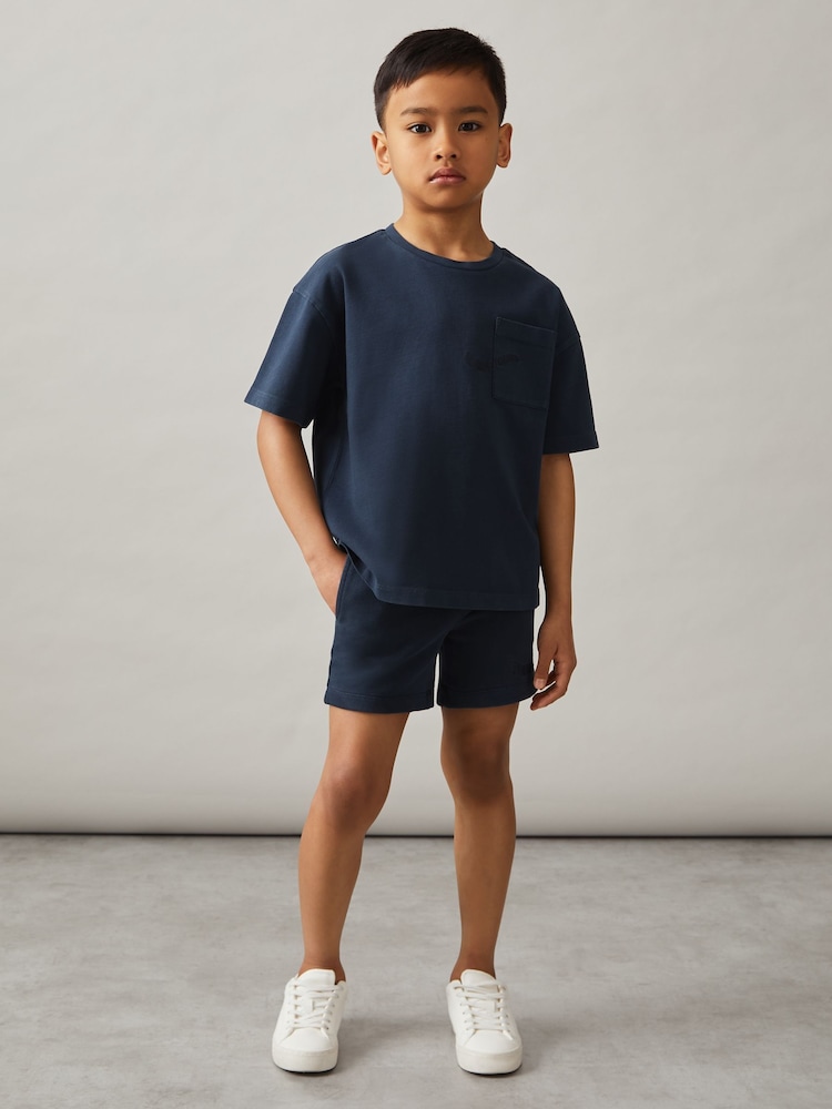 Reiss Washed Navy Tane Cotton Palm-Embroidery Oversize T-Shirt - Image 1 of 5