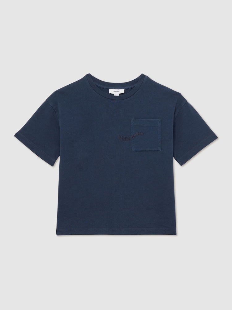 Reiss Washed Navy Tane Cotton Palm-Embroidery Oversize T-Shirt - Image 2 of 5