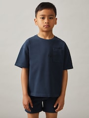 Reiss Washed Navy Tane Cotton Palm-Embroidery Oversize T-Shirt - Image 3 of 5