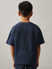 Reiss Washed Navy Tane Cotton Palm-Embroidery Oversize T-Shirt - Image 4 of 5