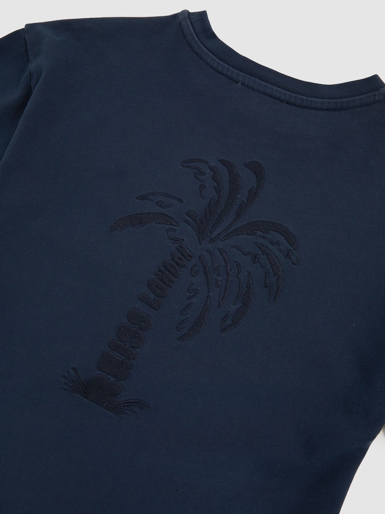 Reiss Washed Navy Tane Cotton Palm-Embroidery Oversize T-Shirt - Image 5 of 5