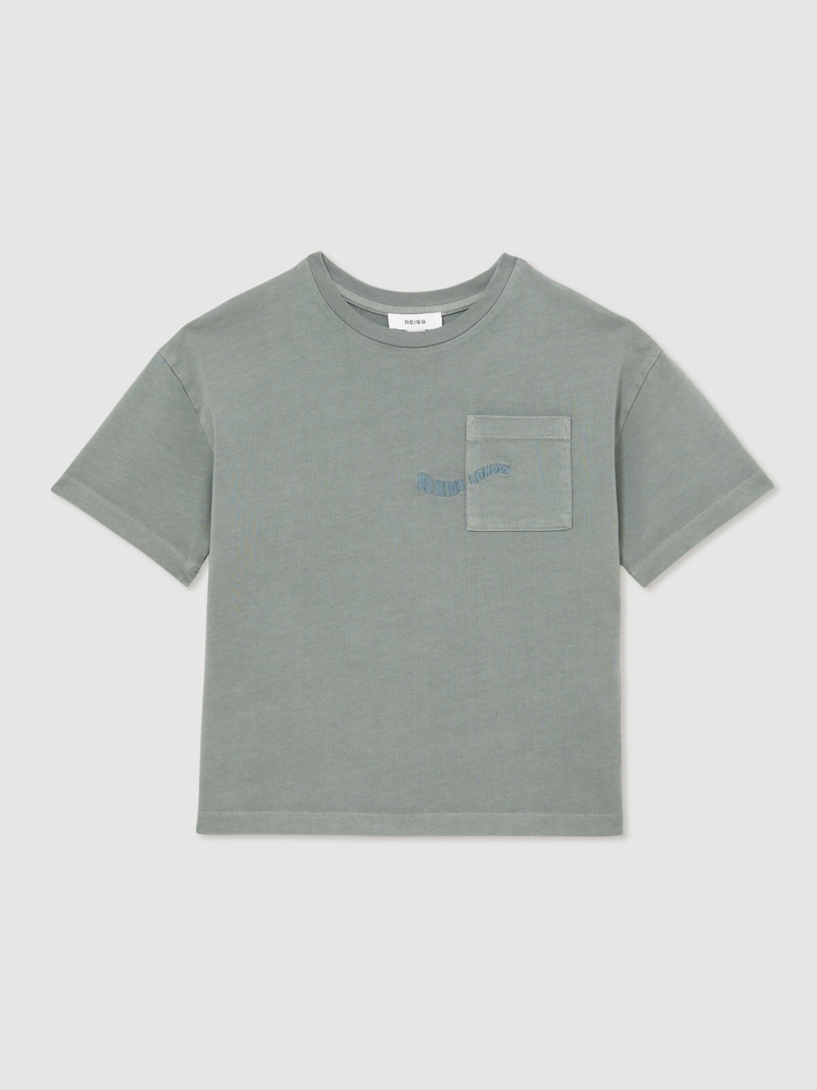 Reiss Washed Sage Tane 13-14 yrs Cotton Palm-Embroidery Oversize T-Shirt - Image 1 of 5