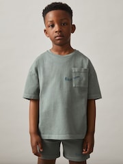 Reiss Washed Sage Tane 13-14 yrs Cotton Palm-Embroidery Oversize T-Shirt - Image 3 of 5