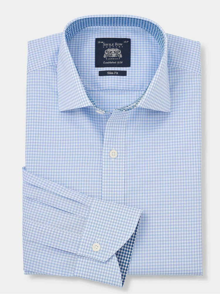 The Savile Row Company Slim Fit Blue Gingham Check Single Cuff Formal 100% Cotton Shirt - Изображение 1 из 3