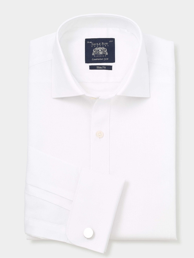 The Savile Row Company Slim Fit Textured 100% Cotton Double Cuff Formal White Shirt - Image 1 of 3