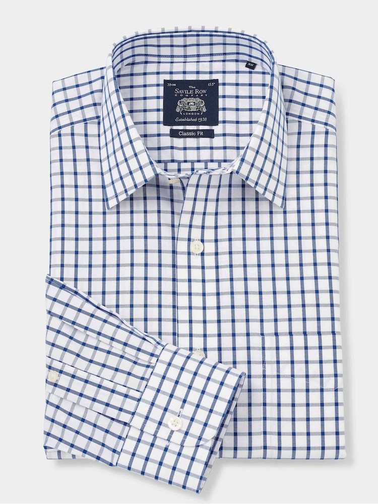 The Savile Row Company Blue 100% Cotton Check Classic Fit Non-Iron Single Cuff Formal Shirt - Image 2 of 4