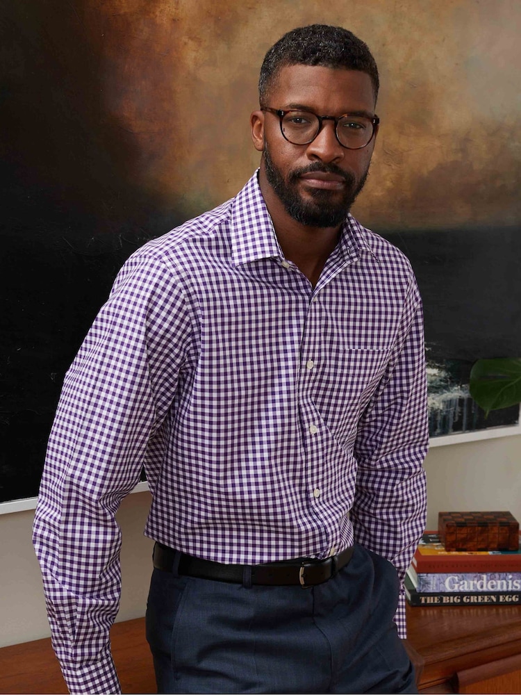 The Savile Row Company Purple 100% Cotton Gingham Check Classic Fit Single Cuff Formal Shirt - Image 2 of 4