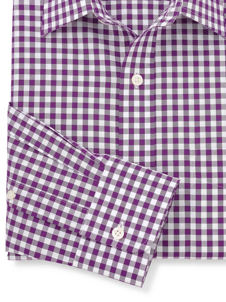 The Savile Row Company Purple 100% Cotton Gingham Check Classic Fit Single Cuff Formal Shirt - Image 4 of 4