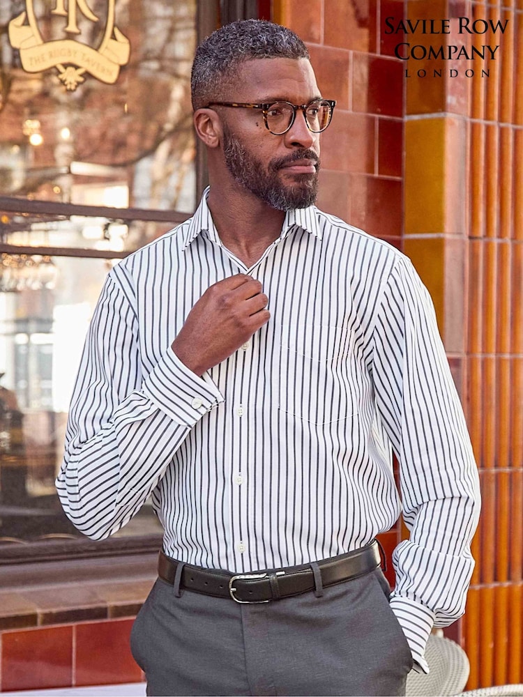 Savile Row Company Navy Classic Fit Striped Cotton Poplin Double Cuff Formal Shirt - Image 7 of 7 Savile Row Company Navy Classic Fit Striped Cotton Poplin Double Cuff Formal Shirt - Image 7 of 7