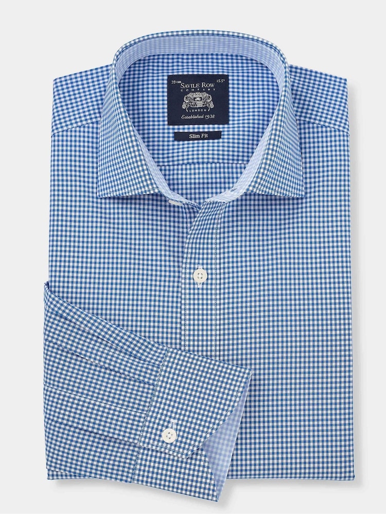 The Savile Row Company Slim Fit Blue Gingham Check Single Cuff Formal 100% Cotton Shirt - Image 2 of 4