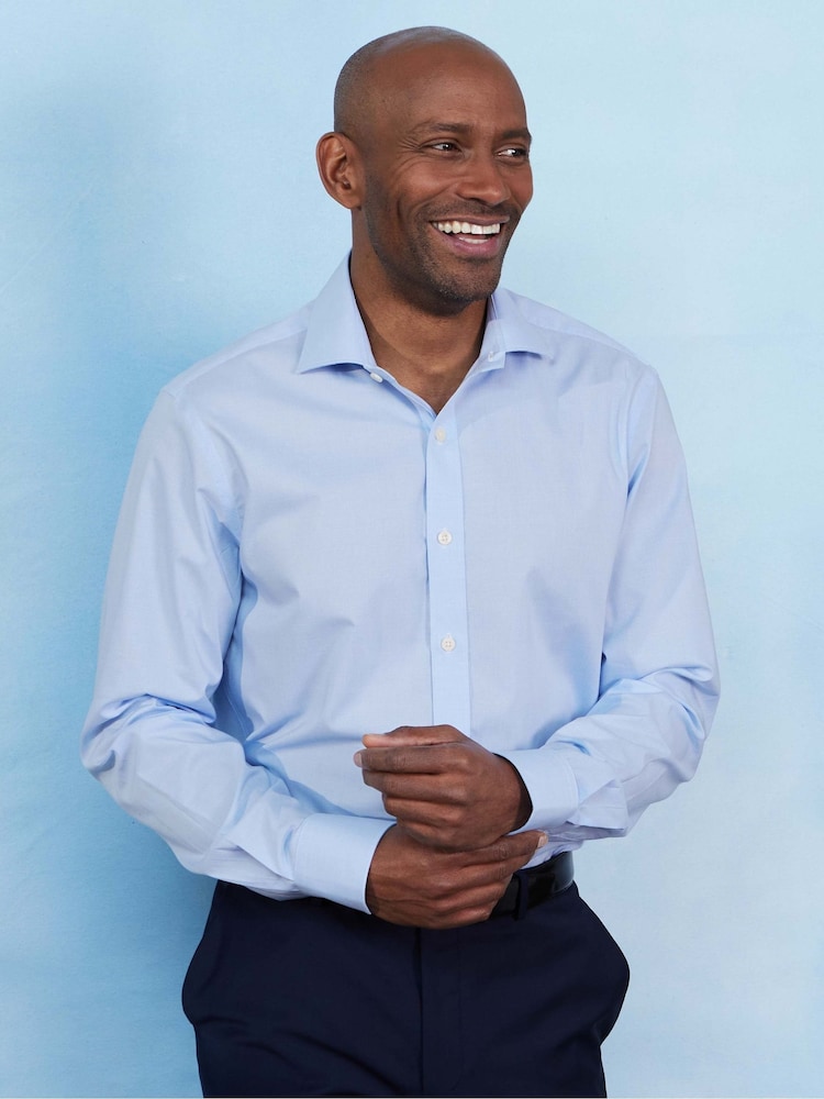 The Savile Row Company Slim Fit Blue Prince Of Wales Check Single Cuff Formal 100% Cotton Shirt - Image 1 of 4