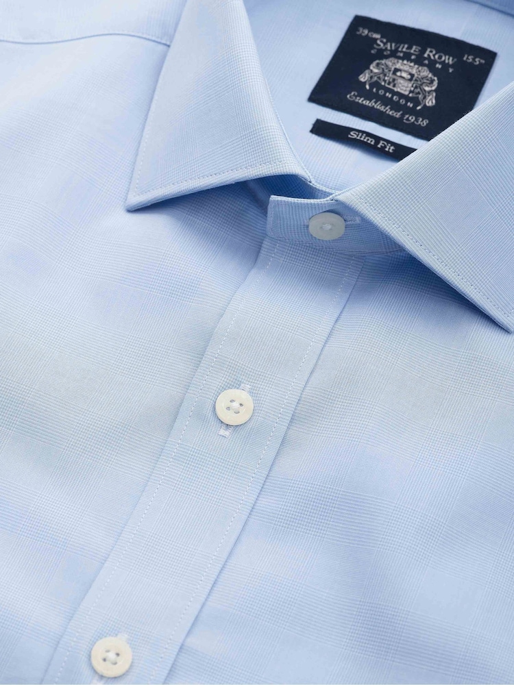 The Savile Row Company Slim Fit Blue Prince Of Wales Check Single Cuff Formal 100% Cotton Shirt - Image 3 of 4
