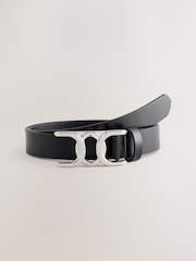 Black/Silver Tone Regular Statement Buckle Leather Belt - Image 1 of 3