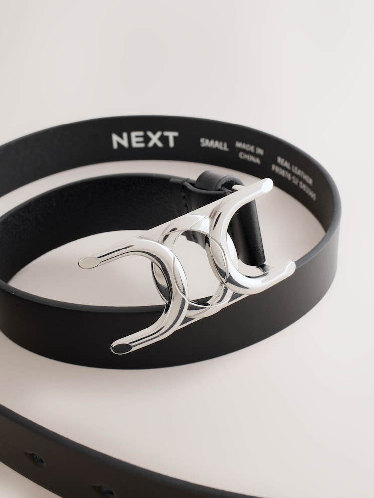 Black/Silver Tone Regular Statement Buckle Leather Belt - Image 3 of 3