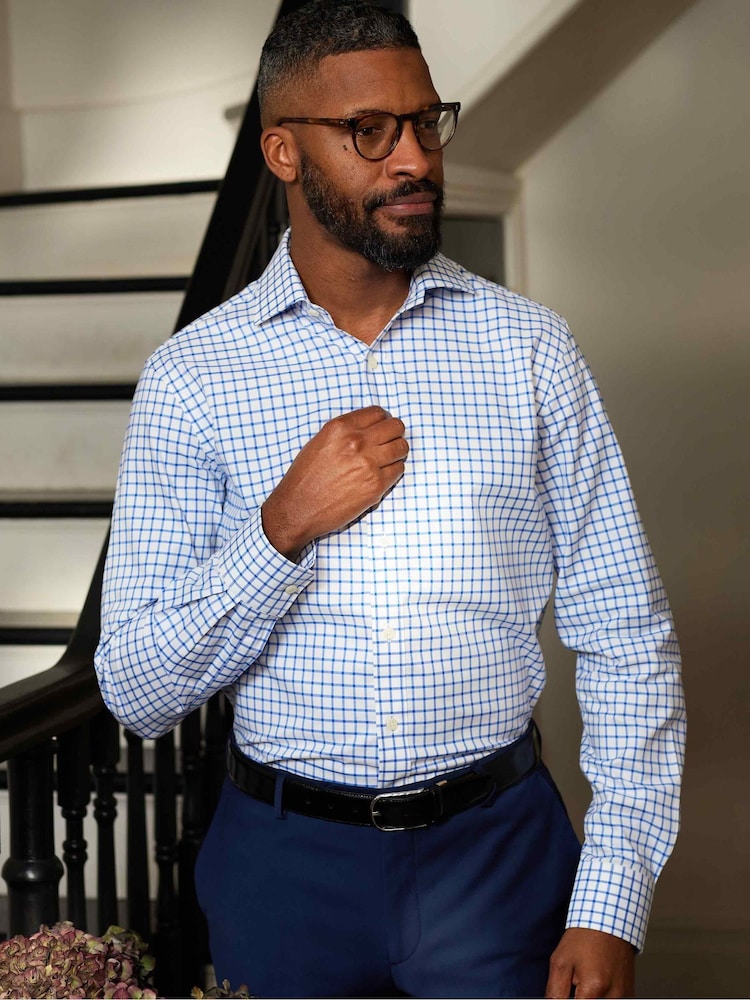 The Savile Row Company Slim Fit Blue Window Check Single Cuff Formal 100% Cotton Shirt - Image 1 of 4
