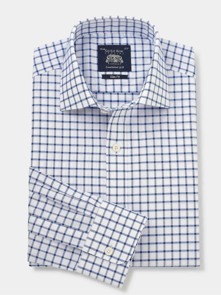 The Savile Row Company Slim Fit Blue Window Check Single Cuff Formal 100% Cotton Shirt - Image 2 of 4