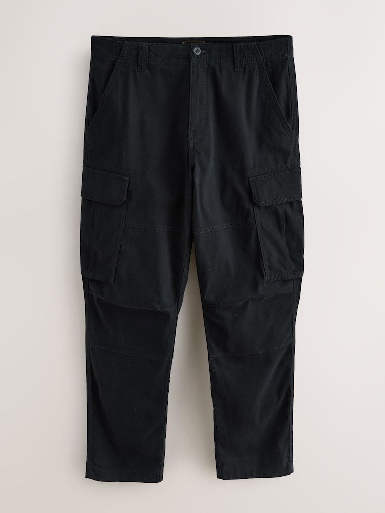 Black Regular Tapered Fit Cotton Stretch Cargo Trousers - Image 1 of 10 Black Regular Tapered Fit Cotton Stretch Cargo Trousers - Image 1 of 10