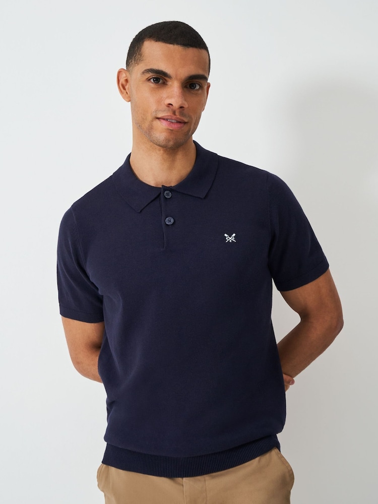 Crew Clothing Blue 100% Cotton Knitted Jersey Polo Shirt - Image 1 of 5