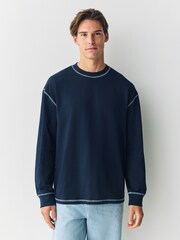 Navy Blue Contrast Stitch Long Sleeve Relaxed Fit Heavyweight T-Shirt - Image 1 of 5