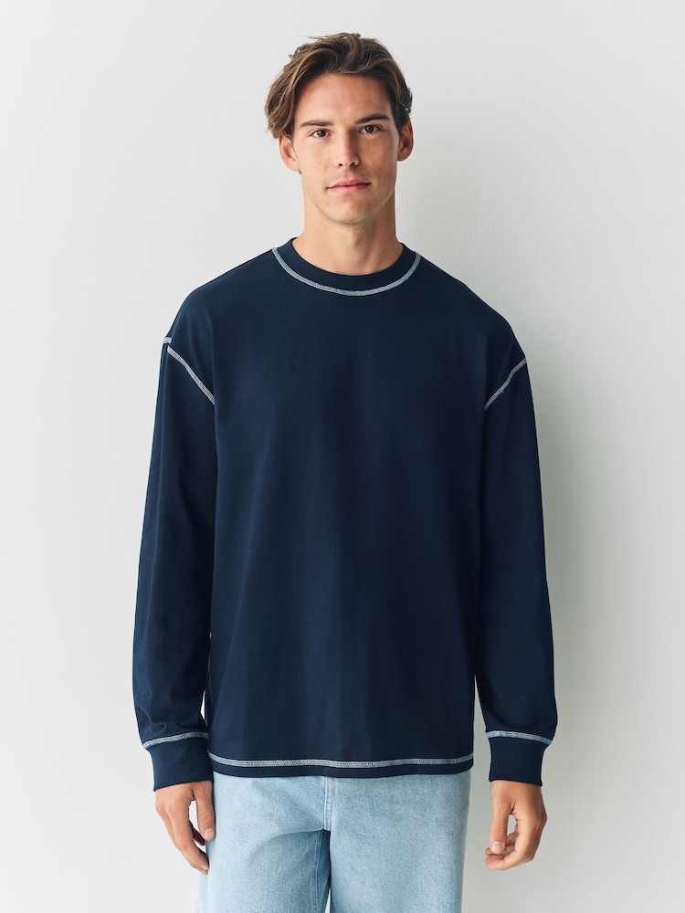 Navy Blue Contrast Stitch Long Sleeve Relaxed Fit Heavyweight T-Shirt - Image 1 of 5