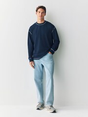 Navy Blue Contrast Stitch Long Sleeve Relaxed Fit Heavyweight T-Shirt - Image 2 of 5