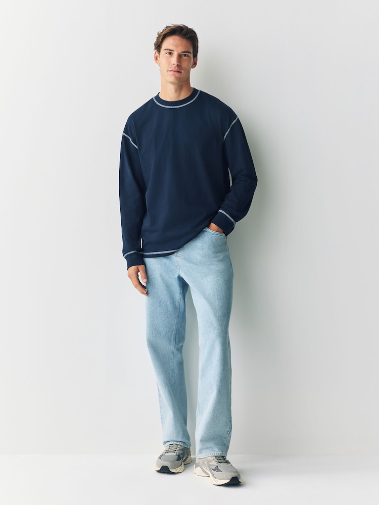 Navy Blue Contrast Stitch Long Sleeve Relaxed Fit Heavyweight T-Shirt - Image 2 of 5 Navy Blue Contrast Stitch Long Sleeve Relaxed Fit Heavyweight T-Shirt - Image 2 of 5