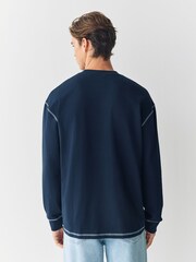Navy Blue Contrast Stitch Long Sleeve Relaxed Fit Heavyweight T-Shirt - Image 3 of 5