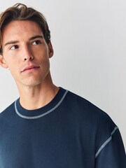 Navy Blue Contrast Stitch Long Sleeve Relaxed Fit Heavyweight T-Shirt - Image 4 of 5
